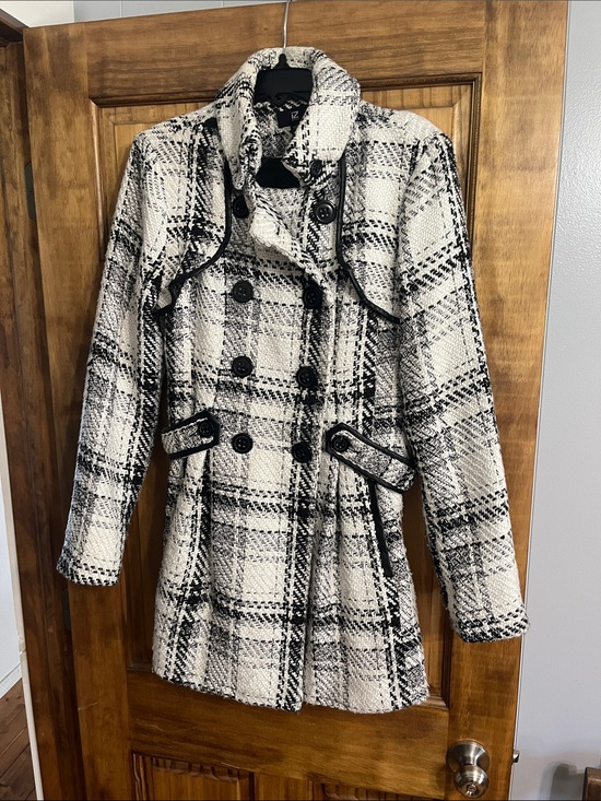 Iz Byer Jackets & Blazers - Iz Byer Black & White Plaid Double-Breasted Pea Coat